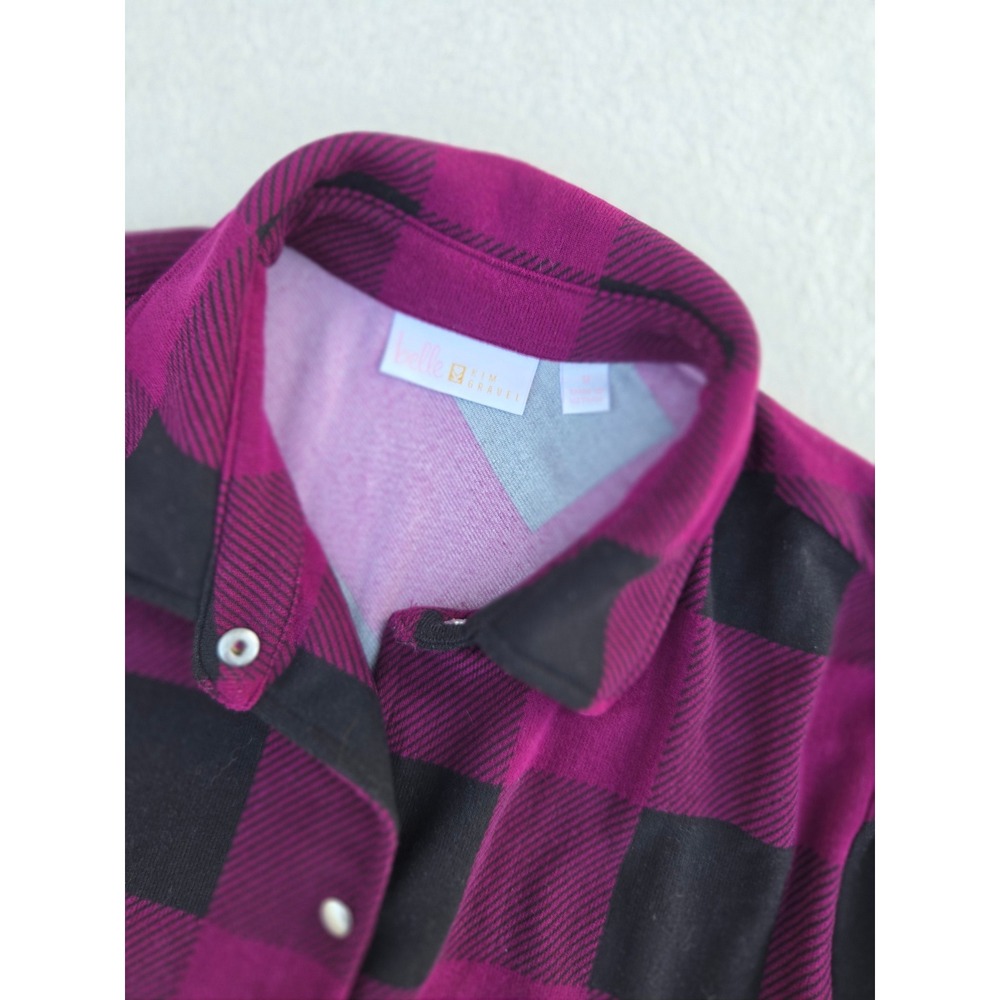 Belle by Kim Gravel Shacket Womens Med Magenta Black Buffalo Plaid Snap Soft - Picture 2 of 5